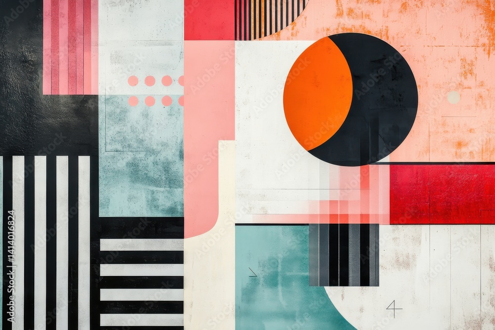 Aufkleber abstract composition featuring geometric shapes in vibrant colors with textures and patterns present