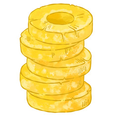 積み重なったパイナップルの輪切り水彩風のイラスト_輪郭あり