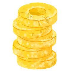 パイナップルのスライスが重なった水彩風イラスト素材_輪郭なし