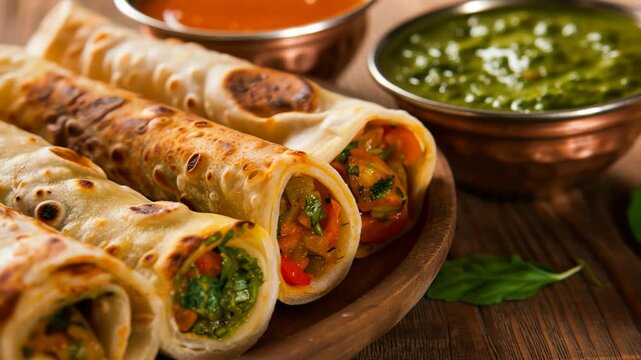 Freshly prepared kathi rolls or veggie wraps served with green chutney and tamarind sauce. Indian street food on wooden plate.