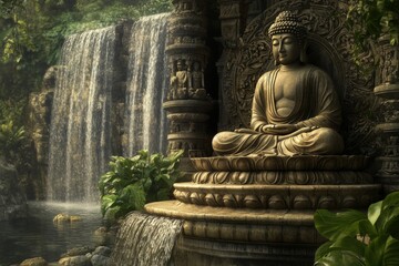 Buddha Statue by Waterfall: Serene Buddha statue sits majestically beside a cascading waterfall, embodying peace and tranquility in a lush, tropical setting.