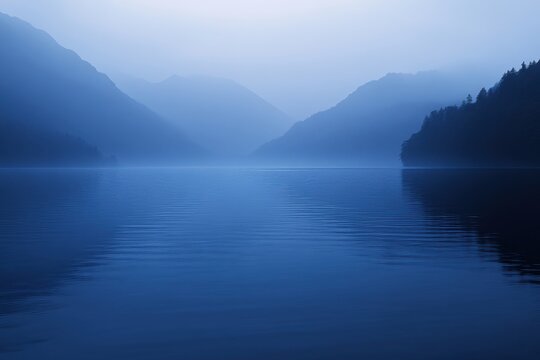 A serene landscape featuring a calm lake reflecting misty mountains under a soft blue and gray sky backdrop