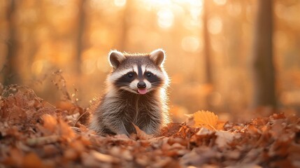 Adorable baby raccoon in autumn leaves