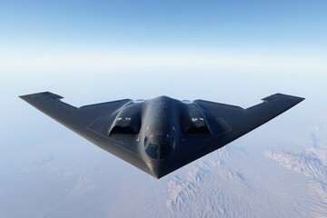 B-2 Spirit Stealth Bomber Flying Over Snowy Terrain, Aerial Photograph. Modern Military Aviation and Technology Concept. Blue Sky background