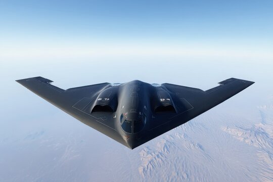 B-2 Spirit Stealth Bomber Flying Over Snowy Terrain, Aerial Photograph. Modern Military Aviation and Technology Concept. Blue Sky background