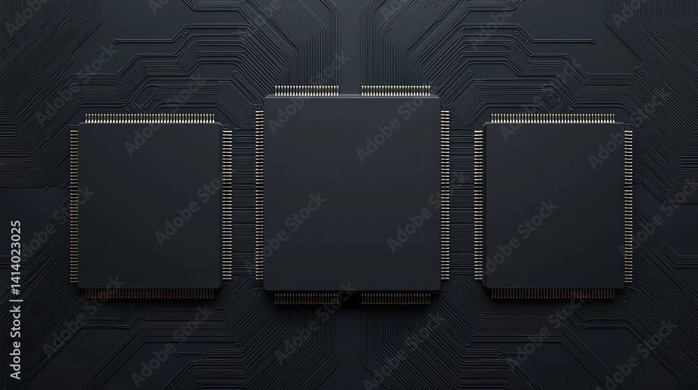 Poster a close-up view of three black microchips on a circuit board background, showcasing intricate electr