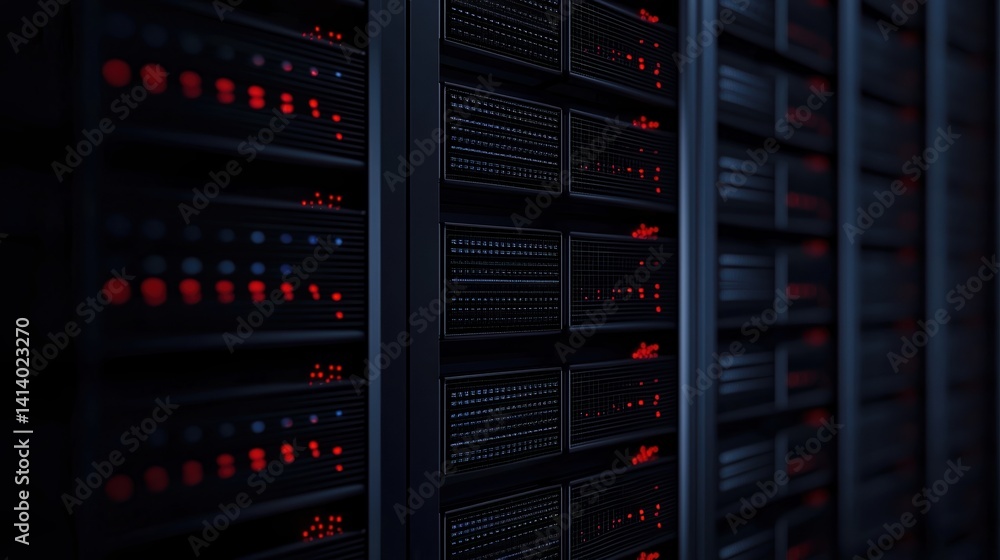 Poster a close-up view of a data center server rack, showcasing illuminated indicators in red and blue agai