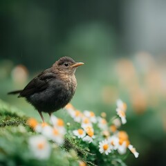 Fototapeta premium Serene Sunrise Blackbird on Moss Daisies Butterflies