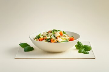 Fresh, vibrant salad featuring diced vegetables and herbs.