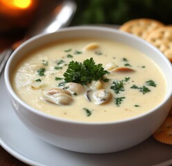 Creamy New England Clam Chowder with Fresh Parsley in White Bowl
