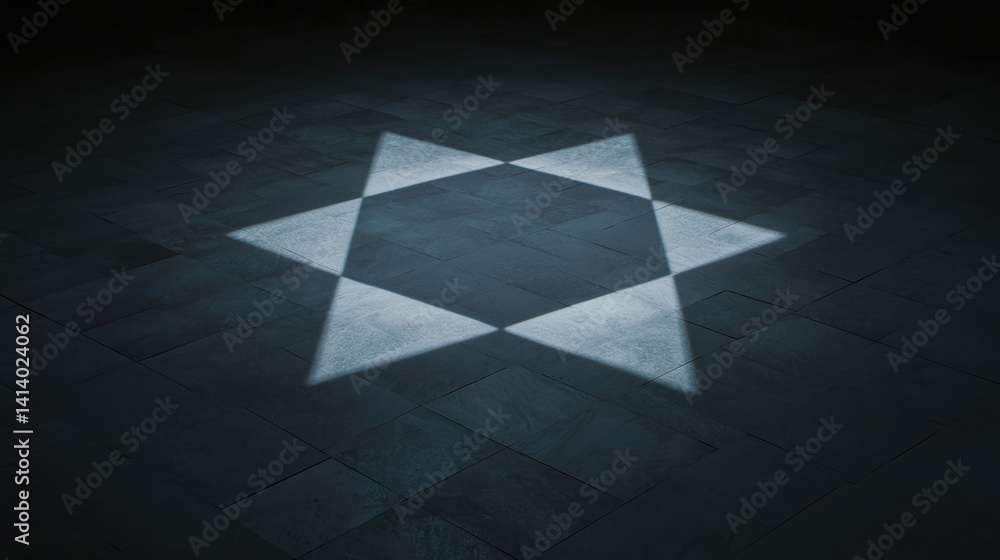Poster a star-shaped light pattern illuminates a dark floor, creating a striking visual contrast against th