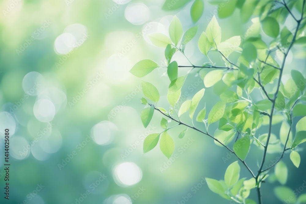 Poster a gentle bokeh of green leaves with soft sunlight creating a serene and natural abstract background 