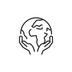 Hands holding Earth icon. A minimal vector illustration featuring two hands gently cradling the globe. Ideal for environmental, sustainability, and global stewardship themes. Vector illustration.