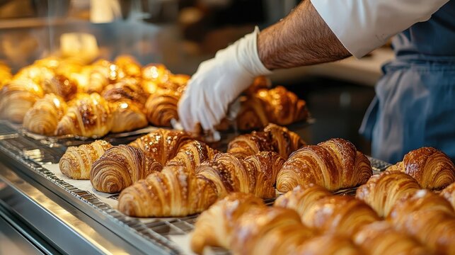 A baker wearing gloves arranging fresh croissants in a display case