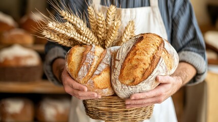 A baker holding fresh baked loaves of artisan bread in basket