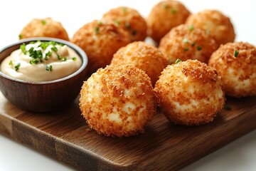 Fototapeta premium Golden Fried Risotto Arancini Balls Served With Dipping Sauce On Wooden Board