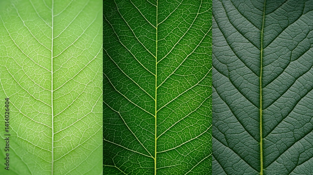 Poster three distinct leaves showcase varying shades of green, highlighting intricate vein patterns and tex
