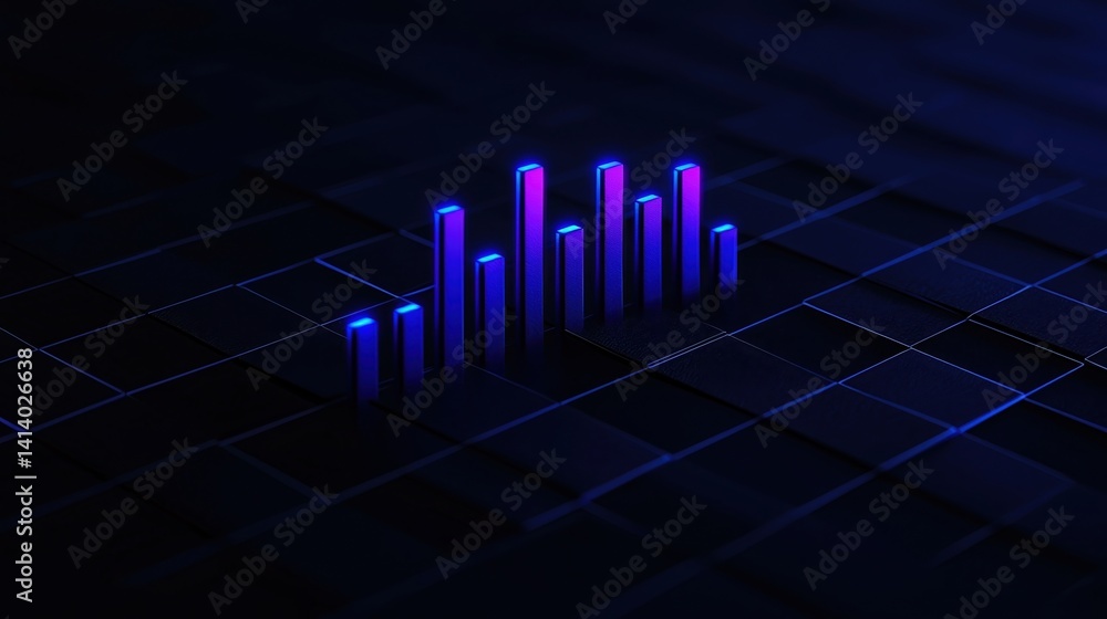 Poster a digital visualization of blue and purple bar graphs on a dark grid background, suggesting data ana