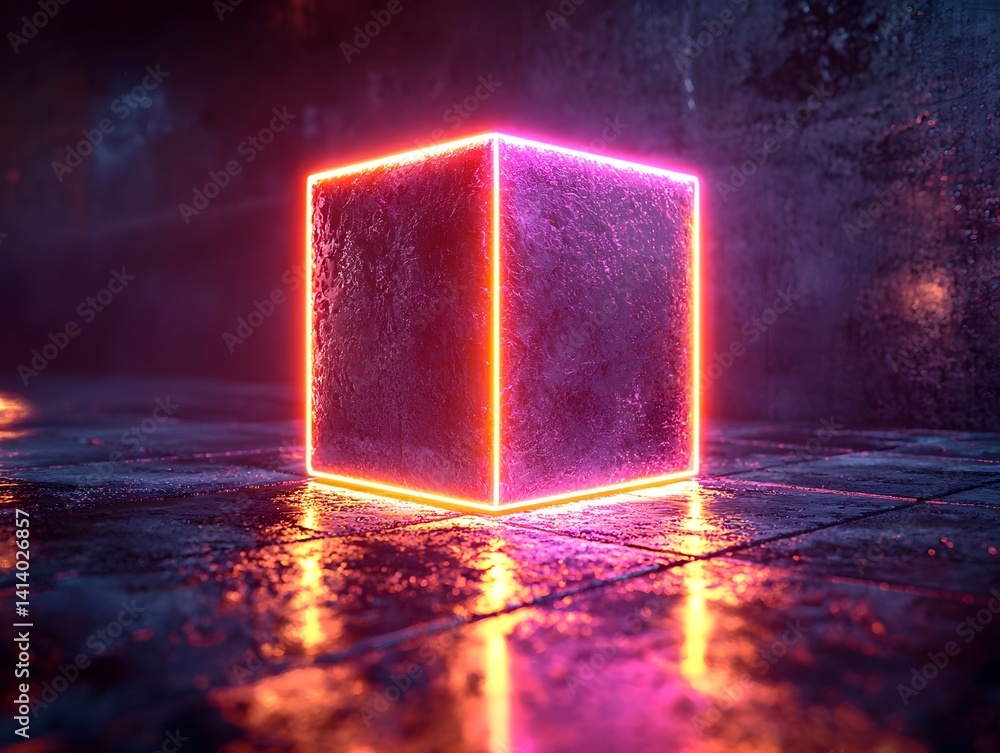 Poster neon 3d wireframe cube with dynamic reflections