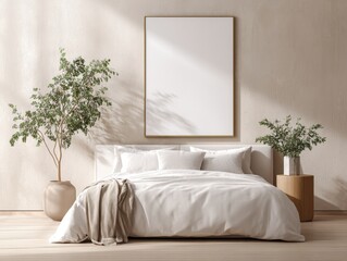 Large, empty, ornate frame mockup against a textured bedroom wall above a bed - contemporary ideas wooden