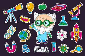 Set of cartoon stickers depicting scientific objects and a scientist. Vector illustration in doodle style.