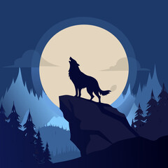 Black silhouette of a howling wolf on a rocky cliff under a full moon vector illustration