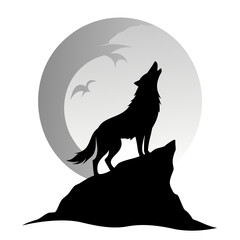 Black silhouette of a howling wolf on a rocky cliff under a full moon vector illustration isolated on a transparent background