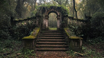 Fototapeta premium Overgrown Stone Archway and Steps in a Forest