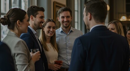 Young professionals are standing close, smiling, and engaging in friendly conversation, dressed in smart casual outfits.