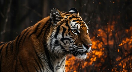 Majestic Tiger Portrait: Fiery Backdrop, Dramatic Lighting © Joko