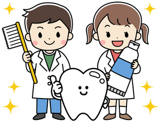 歯ブラシを持った笑顔の子供たちと歯のイラスト