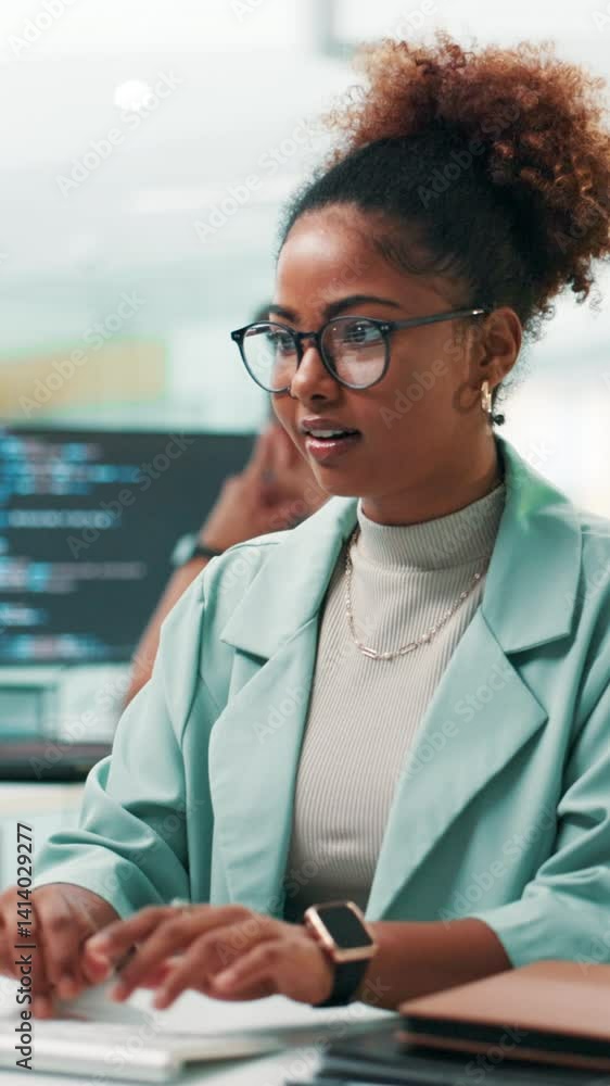 Fototapete Typing, programming and business woman in office for software update, game development or writing data. Keyboard, developer and computer for coding online, creative design and test app for project