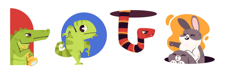 Peeking animals set isolated on white background. Vector cartoon illustration of suspicious crocodile with spyglass, chameleon, snake, happy rabbits appearing from hole, curious pets, zoo mascots