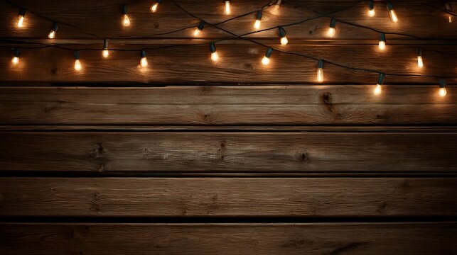 Wooden planks background with string lights illuminating the top portion of the frame. wood background with string lights.