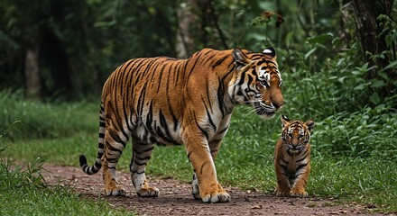 Fototapeta premium Majestic Tiger and Cub: A Serene Jungle Path