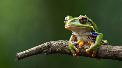 Obraz premium Frog on tree branch flying frog laughing.