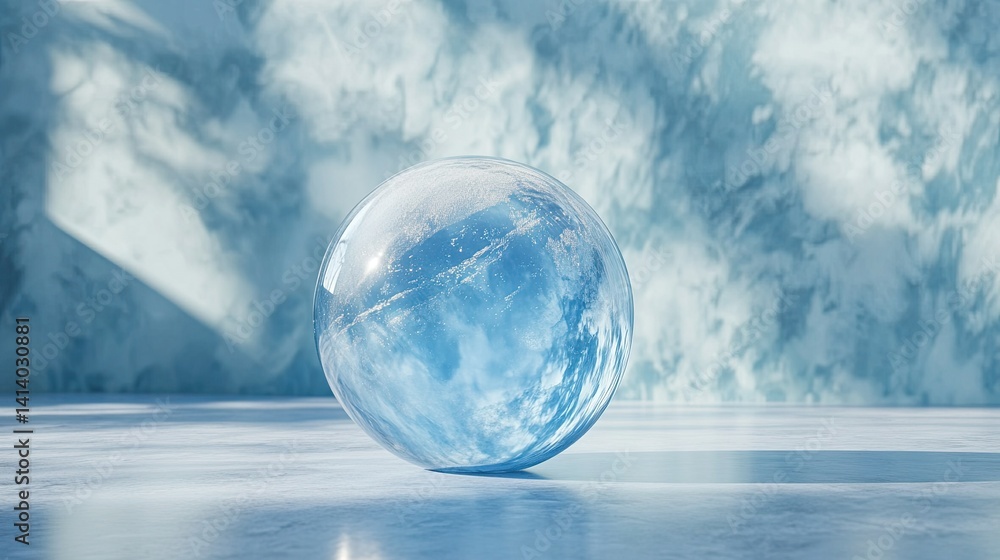 Poster minimalist blue bubble resting on a smooth surface, creating a serene and modern atmosphere.
