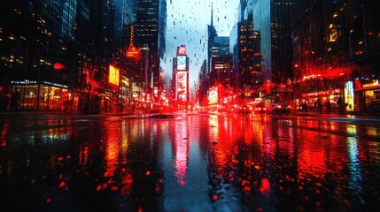 Obraz premium Rainy Night in the City: A Vibrant Reflection of Urban Lights