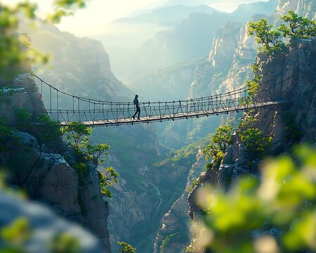 Fototapeta Adventurous hiker on a mountain rope bridge