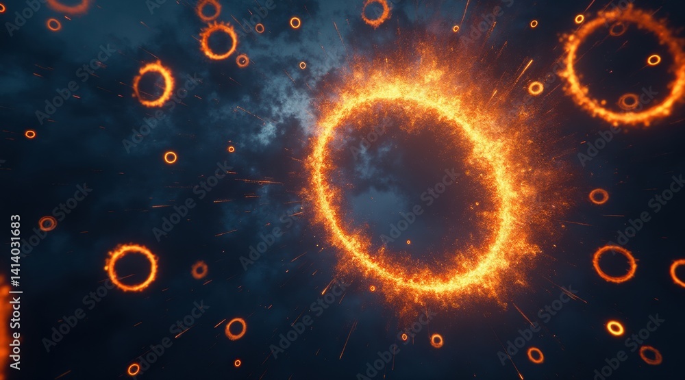 Poster dynamic sparks creating glowing circular patterns in dark space.