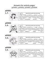 Answers for activity sheets or puzzle pages with 3 activities p23351, p23352, p23353, p23354.
