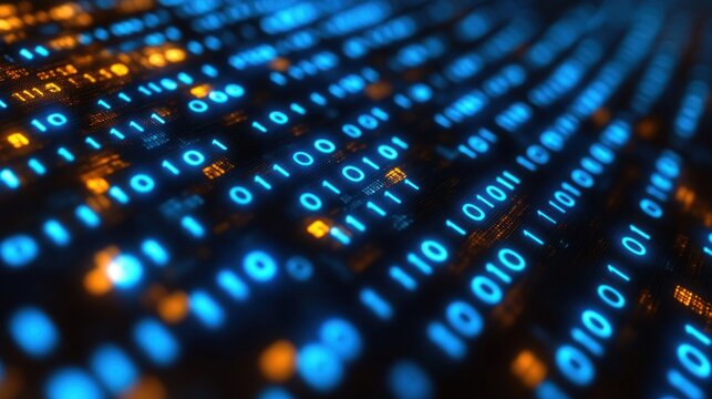 Abstract Binary Code: Digital Matrix of glowing Blue and Orange Numbers