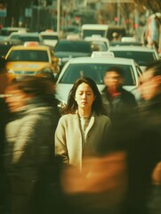 Peaceful young Asian woman with eyes closed standing still in crosswalk surrounded by motion blur of busy traffic and pedestrians