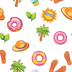 Vector seamless pattern with summer attributes on white background. Hats, sandals, palm trees, inflatable rings, happy summer sun in sunglasses.