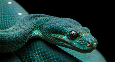 Obraz premium A close up of a bright blue green snake with scales that shimmer