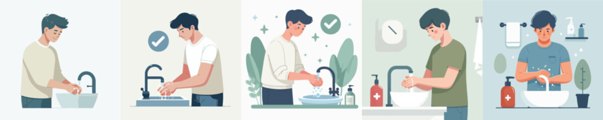 vector collection of young people washing their hands