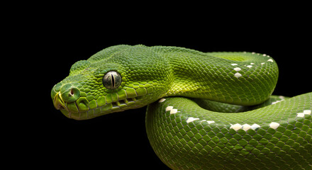 Fototapeta premium A close up of a bright green snake with scales that shimmer in the light