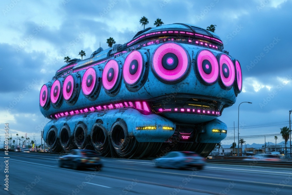 Poster a cyberpunk-style duplex stacked on top of another, glowing with neon blue and pink lights in a futu