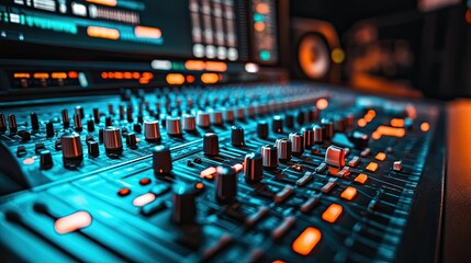 Professional sound studio scene featuring audio recording equipment, mixing consoles, and music production setup 