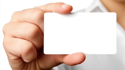 A person showing white blank business card. A business person's hand holding a blank white card. A template for a name card without any text